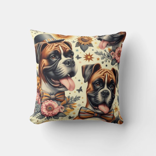 Vintage Boxer Dog Illustration Cushion (Front)