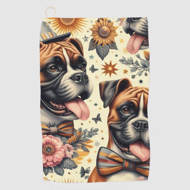 Vintage Boxer Dog Illustration Golf Towel (Front)