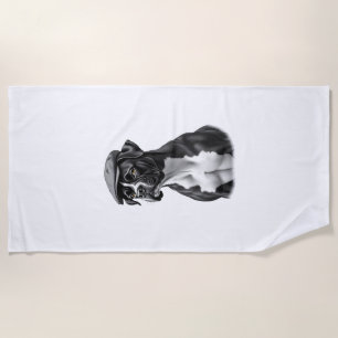 Vintage Boxer Dog in Cap Monochrome Graphic Illust Beach Towel