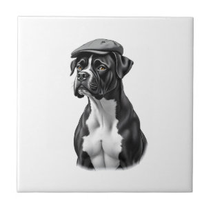 Vintage Boxer Dog in Cap Monochrome Graphic Illust Ceramic Tile