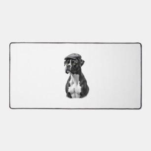 Vintage Boxer Dog in Cap Monochrome Graphic Illust Desk Mat