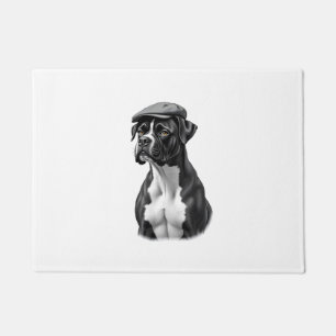 Vintage Boxer Dog in Cap Monochrome Graphic Illust Doormat