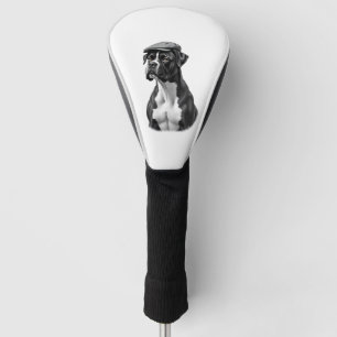 Vintage Boxer Dog in Cap Monochrome Graphic Illust Golf Head Cover