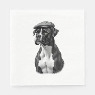 Vintage Boxer Dog in Cap Monochrome Graphic Illust Napkin