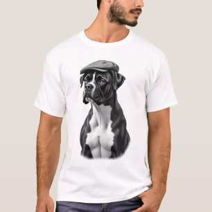 Vintage Boxer Dog in Cap Monochrome Graphic Illust T-Shirt