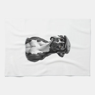 Vintage Boxer Dog in Cap Monochrome Graphic Illust Tea Towel