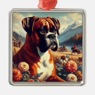 Vintage Boxer Dog Painting Metal Ornament