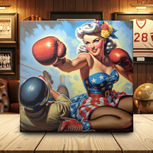Vintage Boxing Girl Illustration Ceramic Tile