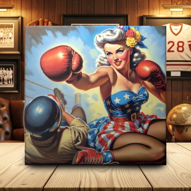 Vintage Boxing Girl Illustration Ceramic Tile (Creator Uploaded)