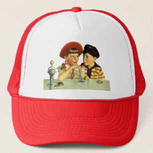 Vintage Boy and Girl Sharing a Shake Trucker Hat