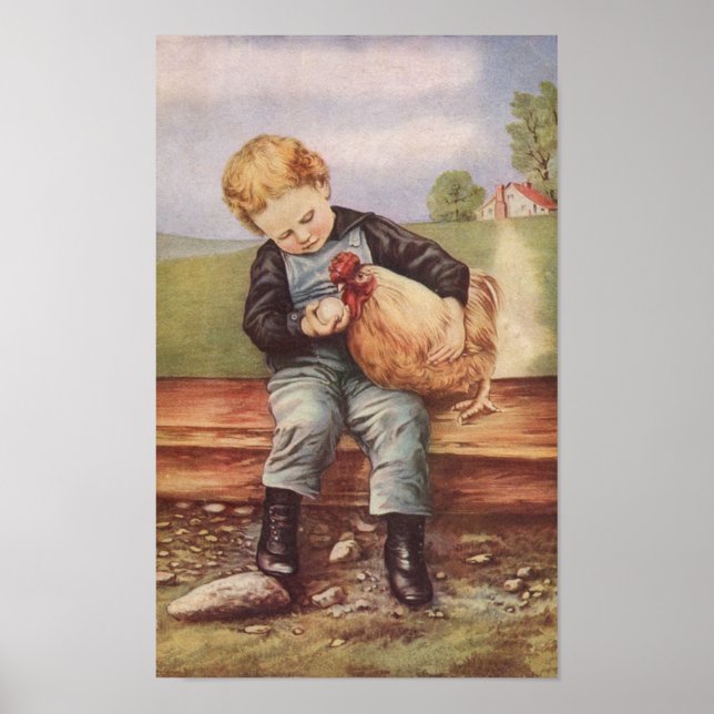 Vintage Boy and His Pet Chicken Poster (Front)
