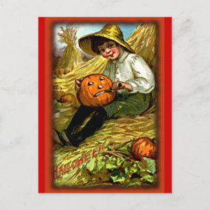 Vintage Boy Carving Pumpkin Halloween Postcard