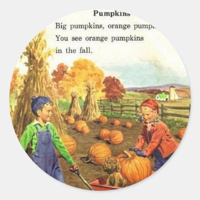 Vintage Boy & Girl Pumpkins Classic Round Sticker (Front)