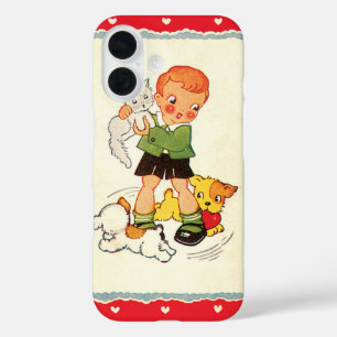 Vintage Boy Holding a Kitten with Racing Puppies iPhone 16 Case