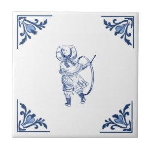 Vintage Boy & Hoop Toy Delft Corner Blue and White Ceramic Tile