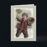 Vintage Boy in Snow with Merry Christmas Greeting Holiday Card<br><div class="desc">Cheery curly-haired vintage schoolboy walking through the snow tipping his hat and waving a bough of mistletoe with Merry Christmas greeting.</div>