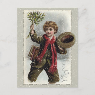 Vintage Boy in Snow with Merry Christmas Greeting Holiday Postcard