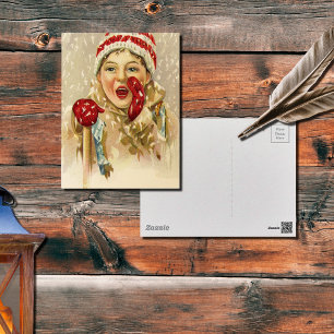 vintage boy in the snow postcard