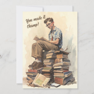 Vintage boy on pile of books, graduate wishes announcement