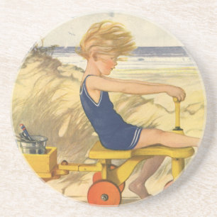 Vintage Boy Playing at the Beach with Sand Toys Coaster
