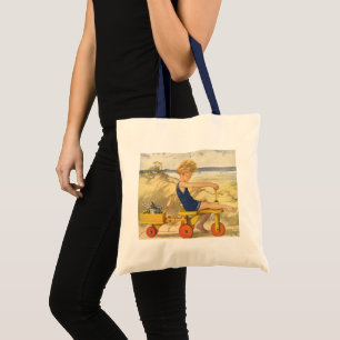 Vintage Boy Playing at the Beach with Sand Toys Tote Bag