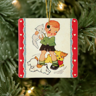 Vintage Boy Saving a Kitten from Racing Puppies Ceramic Ornament