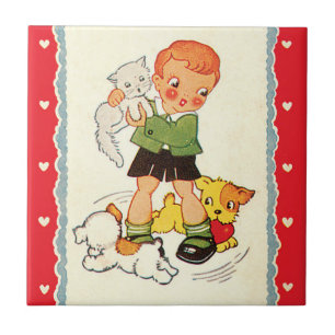 Vintage Boy Saving a Kitten from Racing Puppies Ceramic Tile