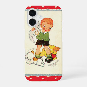 Vintage Boy Saving a Kitten from Racing Puppies iPhone 16 Case
