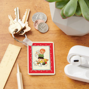 Vintage Boy Saving a Kitten from Racing Puppies Key Ring
