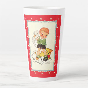 Vintage Boy Saving a Kitten from Racing Puppies Latte Mug