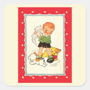 Vintage Boy Saving a Kitten from Racing Puppies Square Sticker