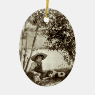 Vintage Boy With Dog At Rest Ornament