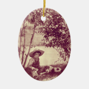 Vintage Boy With Dog At Rest Ornament
