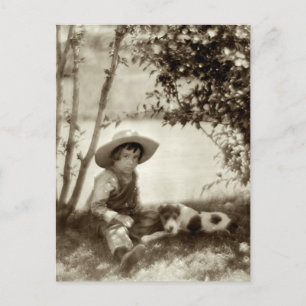 Vintage Boy With Dog At Rest Postcard