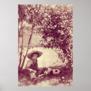 Vintage Boy With Dog at Rest Poster