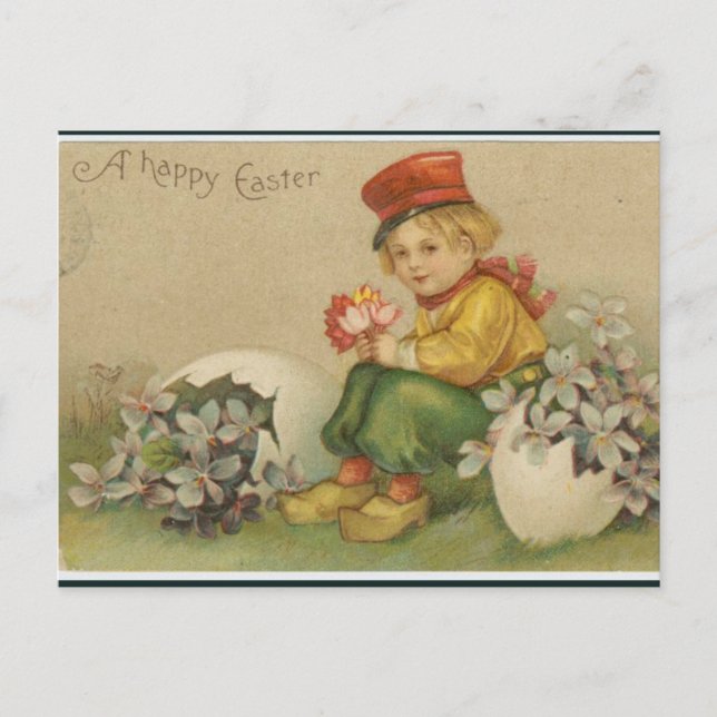 Vintage Boy With Flowers and Egg Easter Postcard (Front)