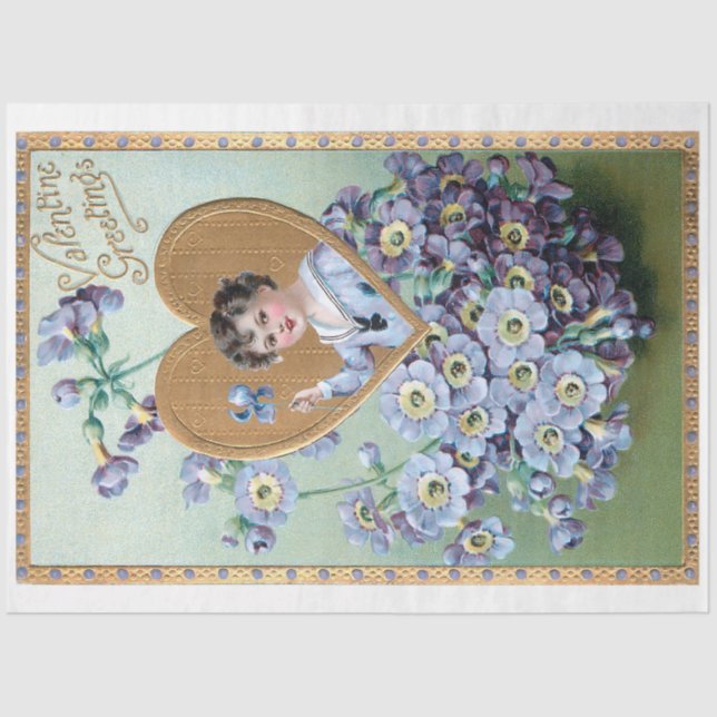 Vintage Boy with Purple Valentine Primroses Tissue Paper (Front)