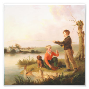 Vintage Boys Fishing by River with Dog Painting Photo Print