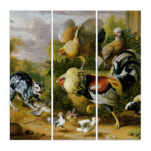 Vintage Brave Cat Among Roosters     