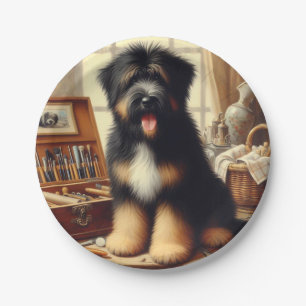 Vintage Briard Dog Painting Paper Plate