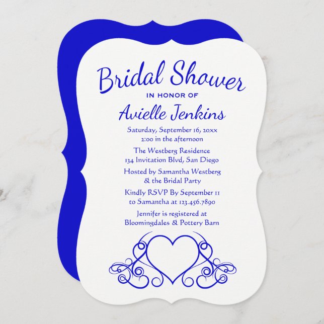 Vintage Bridal Shower Cobalt Blue & White Heart Invitation (Front/Back)