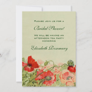 Vintage Bridal Shower, Red Poppy Flower Floral Invitation