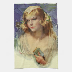 Vintage Bride holding a Bible, Religious Wedding Tea Towel