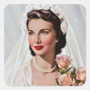 Vintage Bride with pink Roses Square Sticker