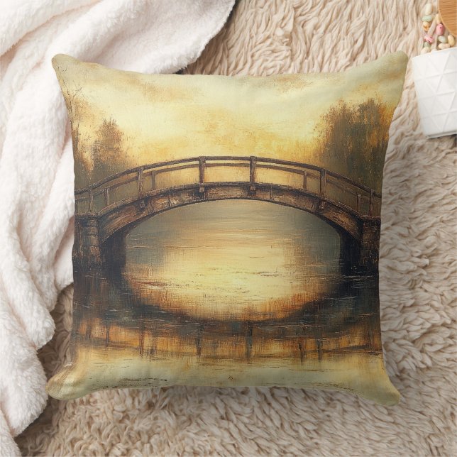 Vintage Bridge Over River Painting Countryside  Cushion (Blanket)