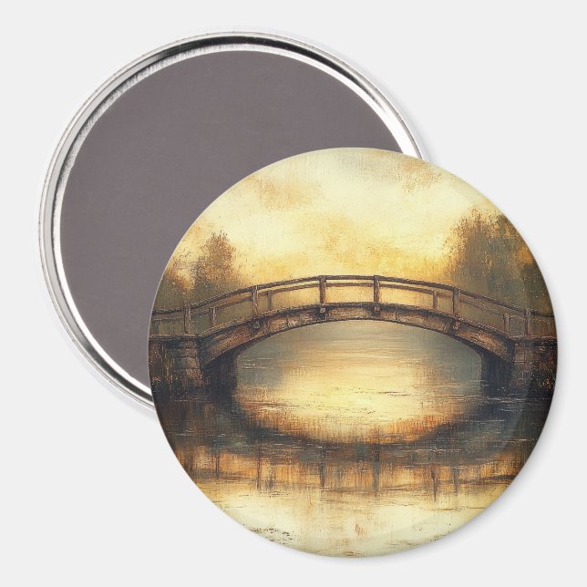 Vintage Bridge Over River Painting Countryside  Magnet (Front/Back)