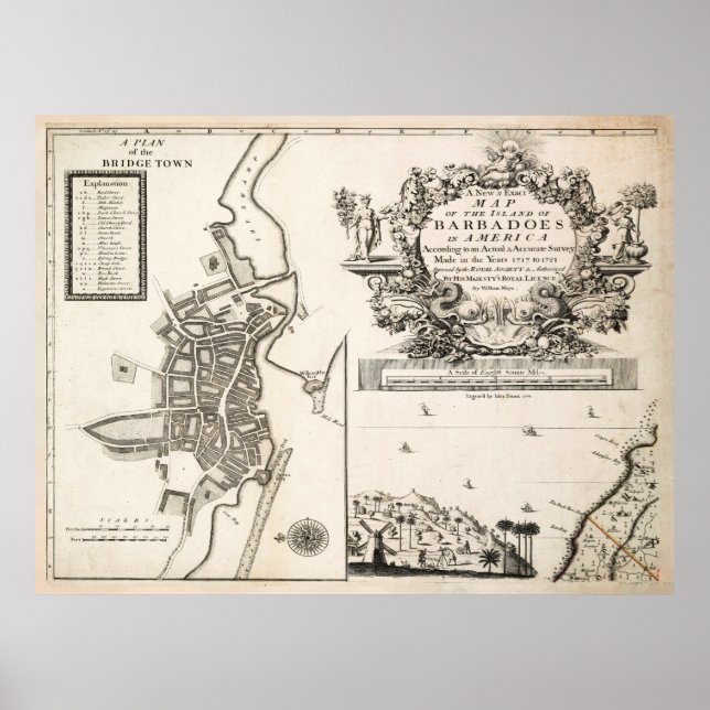 Vintage Bridgetown Barbados Map (1721) Poster (Front)