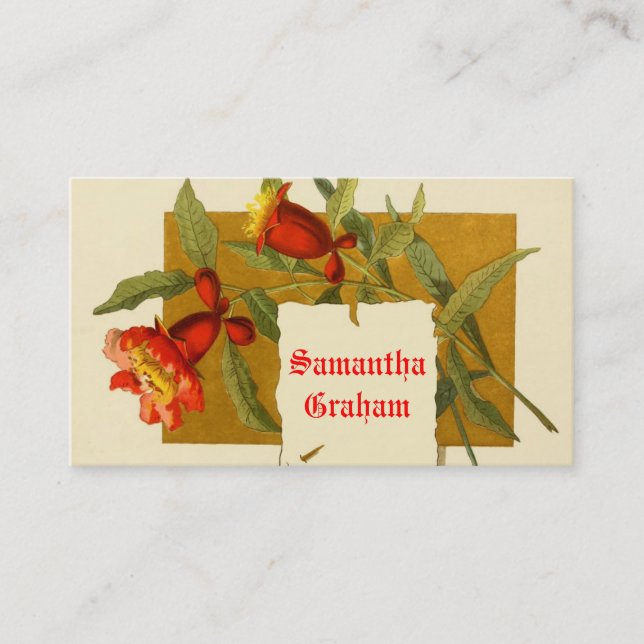 Vintage bright red pomegranate flowers custom business card (Front)