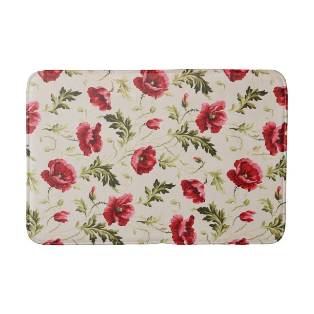 Vintage bright red poppies flower pattern  bath mat (Front)