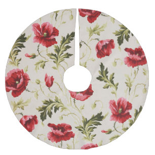 Vintage bright red poppies flower pattern brushed polyester tree skirt